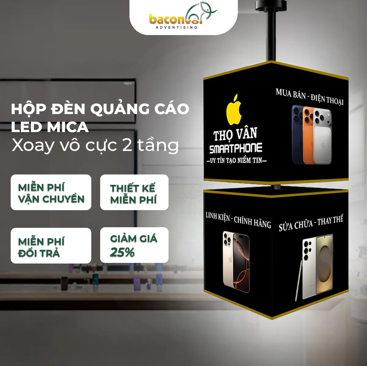 Biển hộp đèn xoay LED mica 2 tầng Hộp đèn quảng cáo LED mica Xoay vô cực 2 tầng